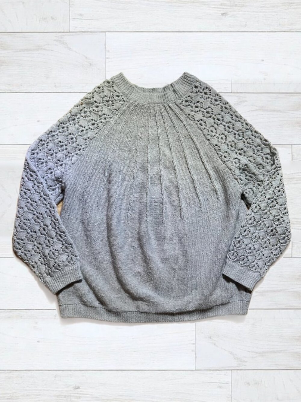 Gray Floral Pointelle Lace Sleeve Sweater 2XL